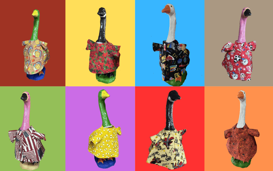 A colorful grid of Gelso's geese in handmade outfits